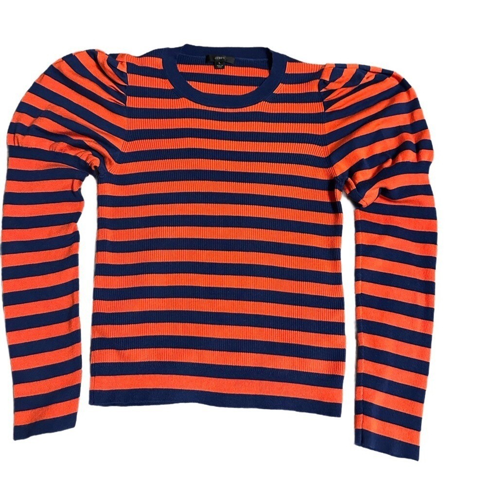 J.Crew Puff-sleeve ribbed silk-blend sweater in navy and orange stripe s…